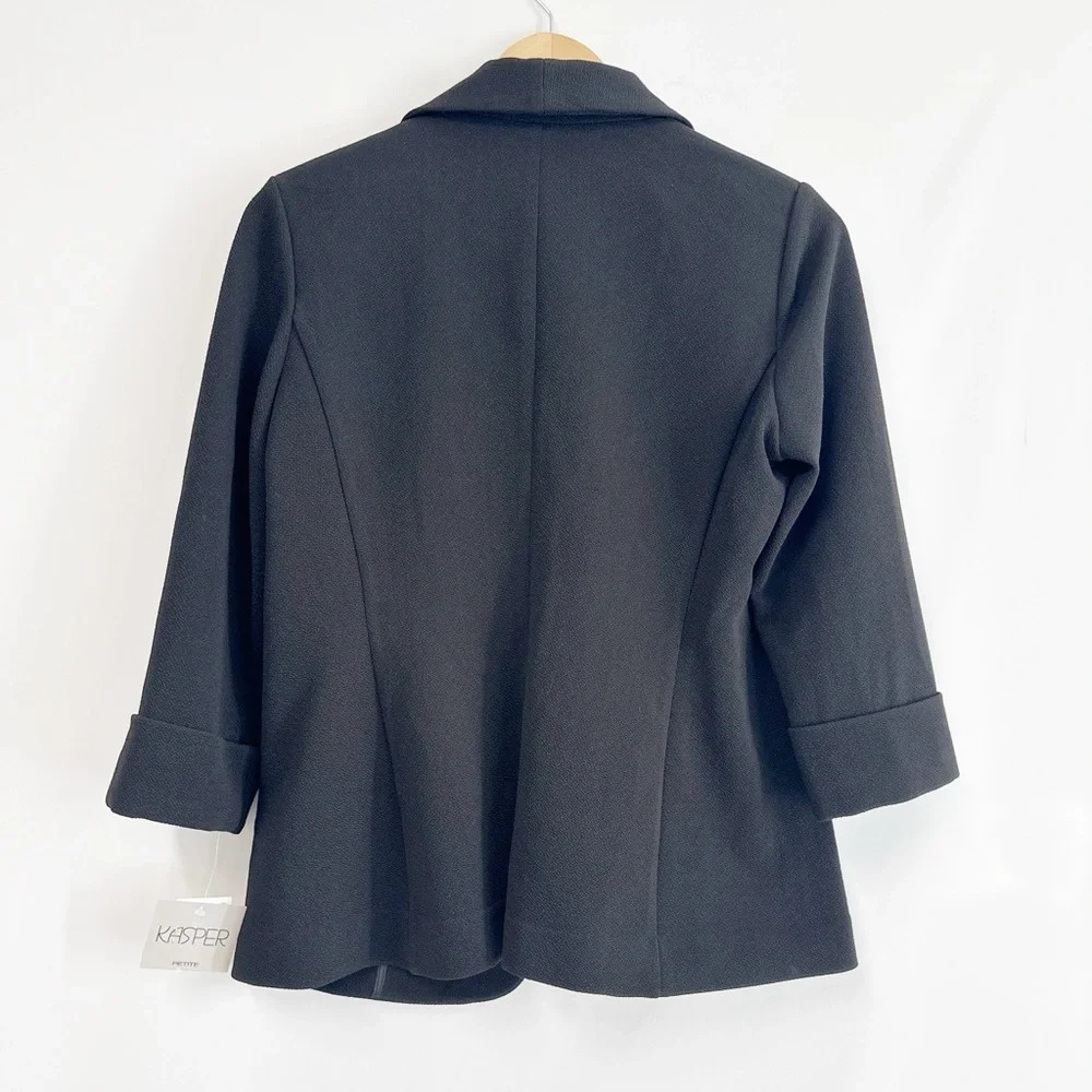 Kasper Women's Petit Black Crosshatch Shawl Collar Open Front Jacket Size PS